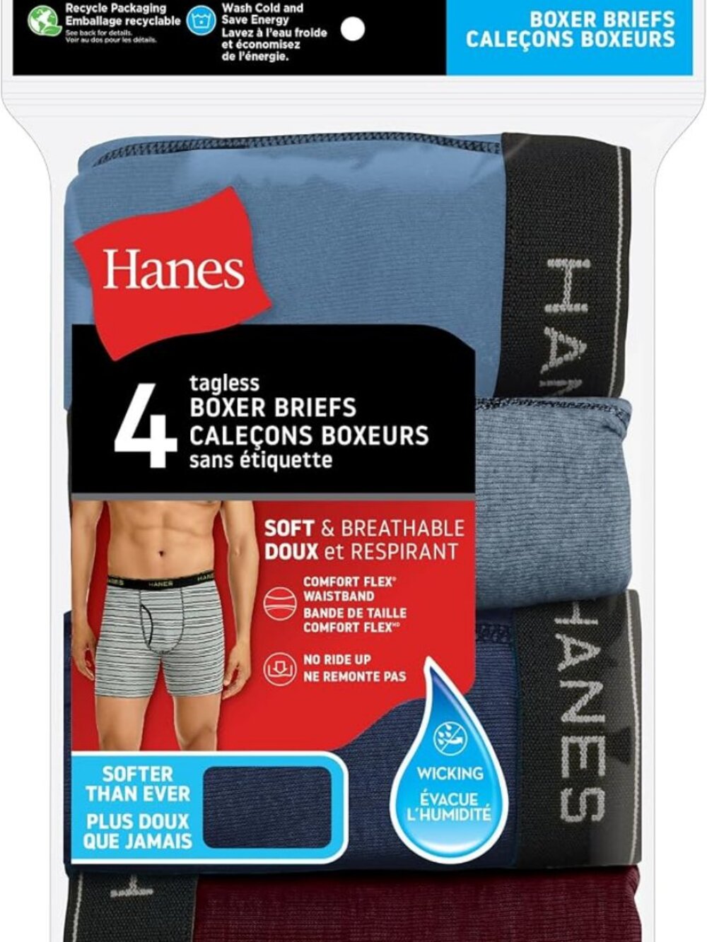 New in package Hanes 4 Pack FreshIQ MEN'S BOXER BRIEFS Size Large